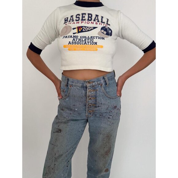 y2K vintage baseball varsity retro graphic boys cotton cropped tee shirt top - Picture 2 of 9